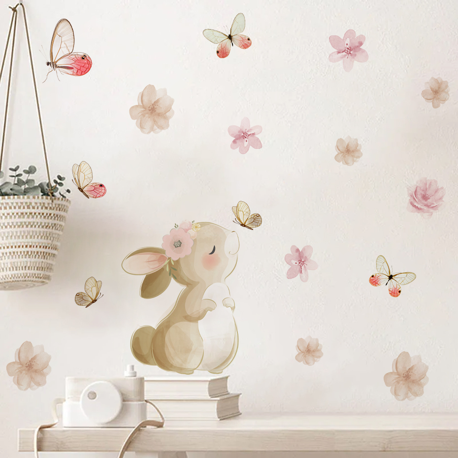 Baby Nursery Decor Girl - Cartoon Konijn Bloemen Vlinder Muursticker Kinderen